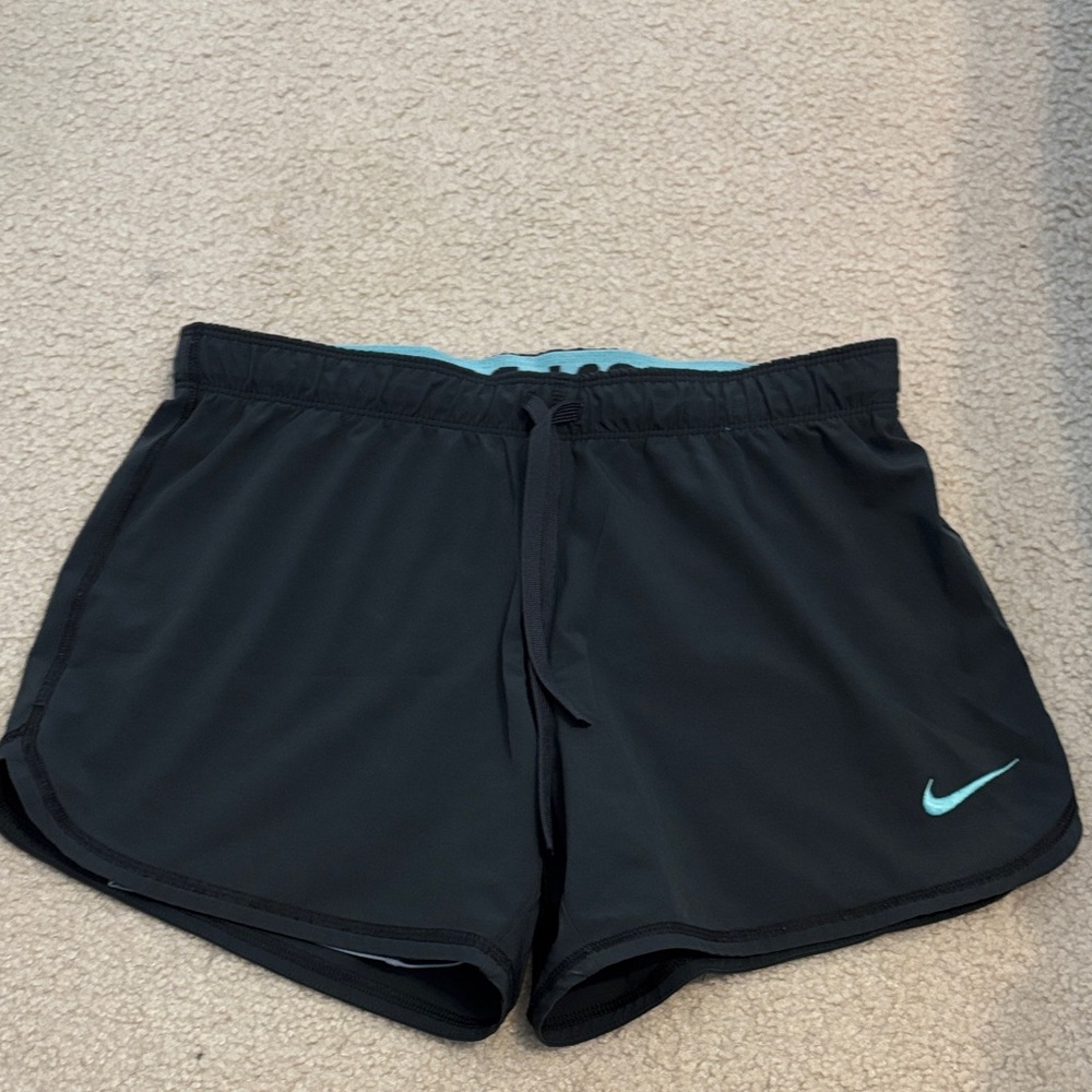 Nike Women's Gray Athletic Shorts with Teal Accent and Spandex Lining